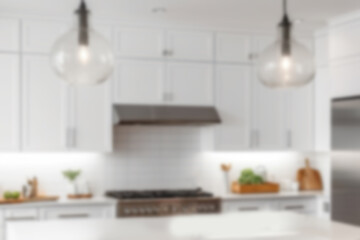 Beautiful White Kitchen, Closeup. Defocused Background For The Design. Generative AI
