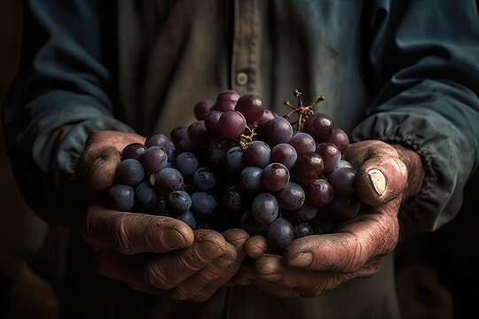 Closeup Of Vineyard Workers Hands Holding Cluster Of Grapes. Generative AI