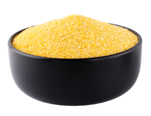 Corn grits in black round plate, transparent background, close-up