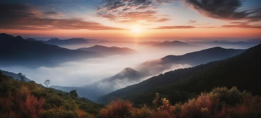 Fototapeta na wymiar Picturesque panorama of mountains in fog and cloudsin a beautiful sunrise light. Based on Generative AI