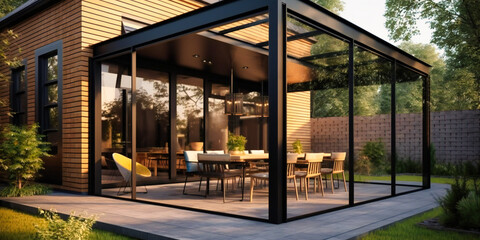 a beautiful patio dining area with a screened roof