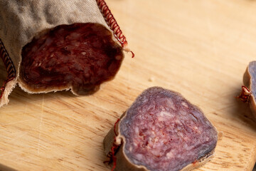 Sausage cut into pieces on the table