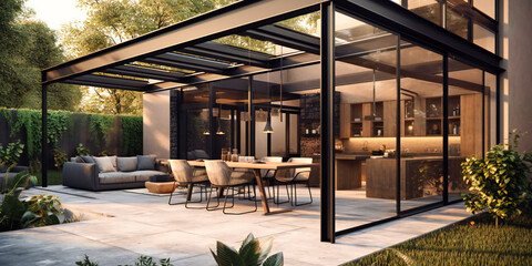 a beautiful patio dining area with a screened roof - obrazy, fototapety, plakaty