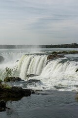 Landscape scene of Devil's Throat waterfalls with trees in Argentina, vertical shot