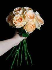 Vertical shot of a hand holding a bouquet of colorful roses in a studio on a dark background