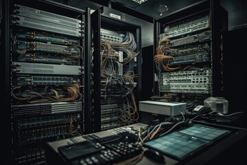 Network Server Room With Racks Of Equipment. Generative AI