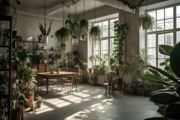 Naklejka na ściany i meble Plantfilled Space With Natural Light. Generative AI