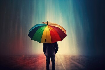 Rainbowcolored Umbrella Protecting Person From Storm, Symbolizing Hope And Optimism. Generative AI
