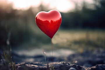 Red Heartshaped Balloon With Needle Hovering Close By, Symbolizing The Fragility Of Love. Generative AI