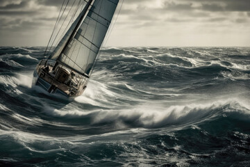 Sailboat Racing Across Choppy Sea With Wind Whipping Through The Sails. Generative AI