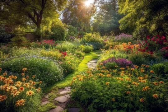 Peaceful Garden With Blooming Flowers. Generative AI