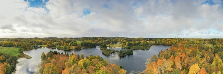 Fototapeta na wymiar Panorama view of a beautiful lake near the forest in Voru, Estonia