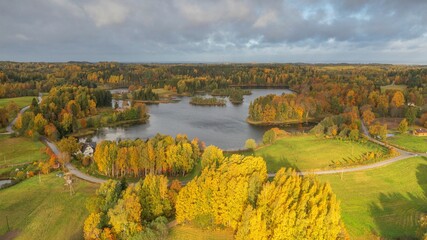Aerial of the beautiful lake surrounded by the colorful forest on a gloomy autumn day in Estonia