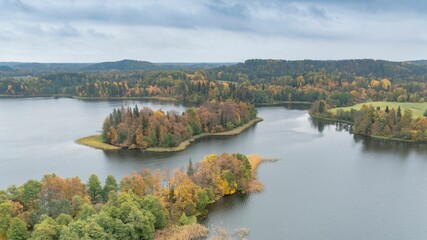 Aerial of the beautiful lake surrounded by the colorful forest on a gloomy autumn day in Estonia