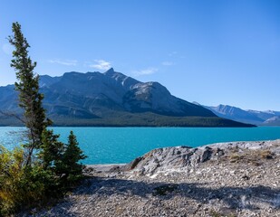 View of the scenic Abraham Lake and mountains in Alberta, Canada