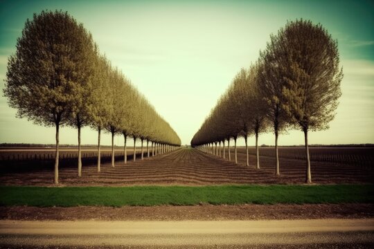 Rows of recently planted trees. Generative AI