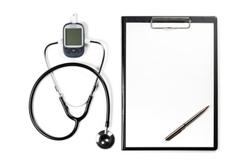 Diabetes concept. Stethoscope, glucometer and patient medical blank on white background. Mockup