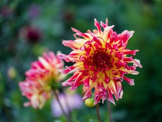 Closeup of blooming Dahlia flower isolated in green nature background