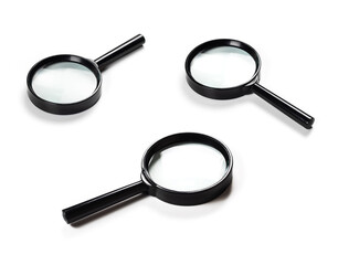 magnifying glass with black handle on white background. closeup photo side view collection
