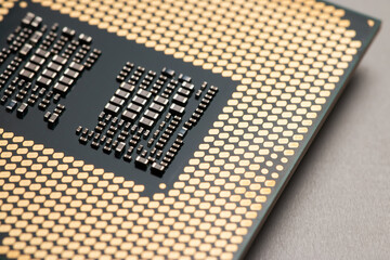 Closeup CPU or Central Processing Unit from motherboard, macro shot microprocessor unit of computer hardware system.