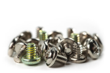 Stainless screws, fixation, bolt on white background