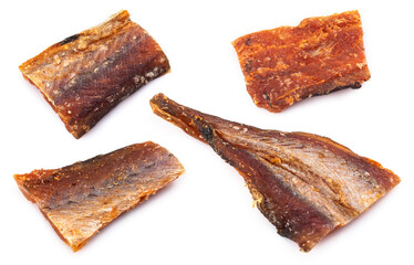 Pieces of cleaned dried fish isolated on white. Dry Peppered Pollack. Amber with pepper Collection