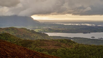 Beautiful coastline at sunset with a cloudy sky in the background, Norway, the Atlantic Ocean Road