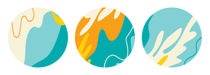 Set of sea summer round backgrounds for social media. Story icons with sea sandy shore, waves, corals in the water. Vector illustration