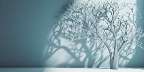 Minimalistic abstract gentle light blue background for product presentation with light and intricate shadow from tree branches on wall. .