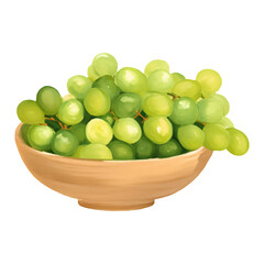 Green Grapes on Wooden Bowl Isolated Hand Drawn Painting Illustration