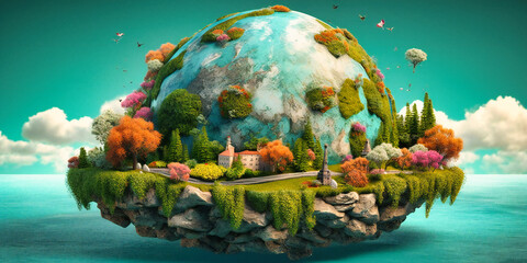 an earth with green leaves and flowers on top