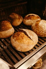 Closeup shot of the fresh baked crusty bread put on the oven racks