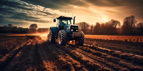 Fototapeta premium tractor plowing plowing tractor in the land field by sunset