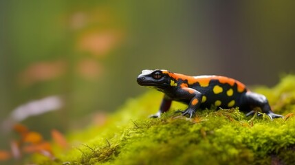 Fototapeta premium Fire salamander with black skin and colorful spots standing on green moss on blurred background Generative AI