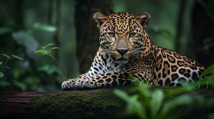 Leopard relax in the rain forest on the timber with moss Generative AI