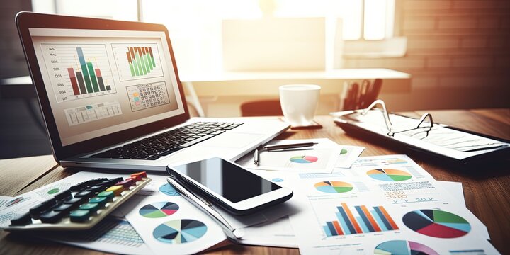 financial development and  business analysist concept: tablet computer, smartphone, growth bar chart and pie diagram on report documents by  ai generative