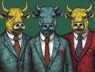 Colorful bulls in business suits. Generative AI