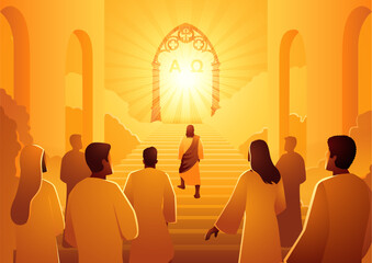 Jesus leads the group of followers to the heaven gate