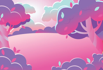 Fantastic lilac landscape. Trees, bushes, sky and glade in cartoon style.