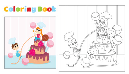 Children's coloring boy and girl in chef's hats near the cake and sweets. Coloring page for children ages 4-11 in kindergarten and elementary school. Illustration and black and white outline.