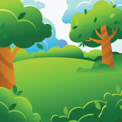 Green summer or spring landscape in cartoon style. Vertical background for design. Forest or park meadow with trees, bushes and clouds.