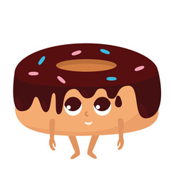 Donut in chocolate glaze with a face, hands and feet. Sweets in the form of funny creatures. Character design in cartoon style isolated on white background.