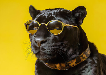 Cool black jaguar posing in sunglasses against a yellow background. Despite being in an unfamiliar environment, the animal feels good. AI generated image.