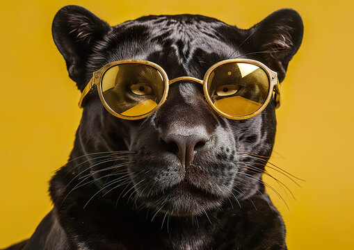 Cool black jaguar posing in sunglasses against a yellow background. Despite being in an unfamiliar environment, the animal feels good. AI generated image.