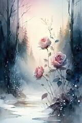 dreamy stunning frosted roses in a a winter forest
