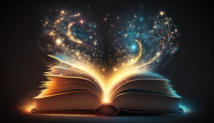 magic book with open pages and abstract lights shining