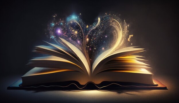 magic book with open pages and abstract lights shining