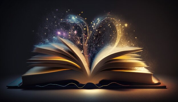 magic book with open pages and abstract lights shining