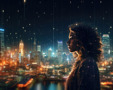 Cyber Dreams. Surreal Nightscapes. Non-existent person in generative AI digital illustration