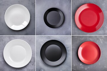 Empty plate on grey stone table surface top view. White, black, red colors plates set.